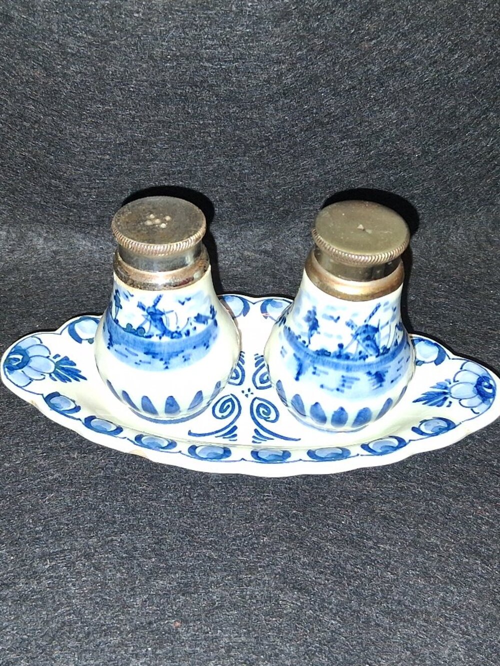 Vintage Hand-Painted Delft Holland 3pc Set - Dated 1938-1978 Dish & S/P Shakers